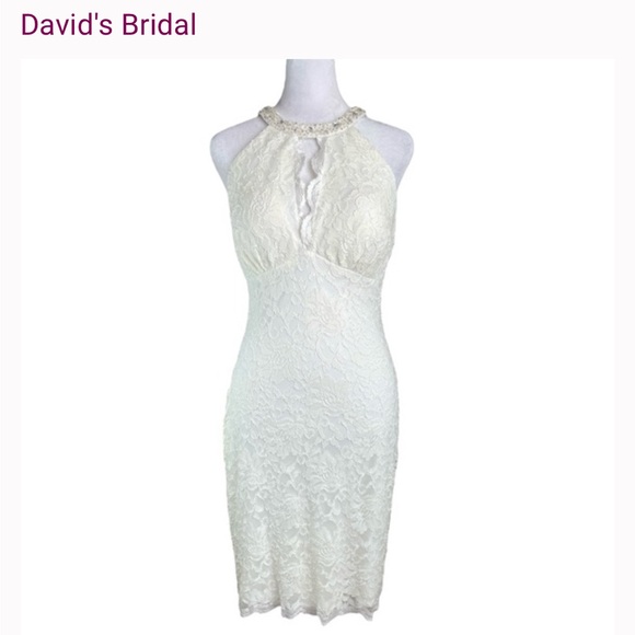 NWT David's Bridal White Lace Embellished Keyhole Sheath Halter Dress wedding - Picture 2 of 11